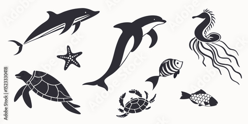 Vector set of sea animals including fish dolphin shark and birds in silhouette style