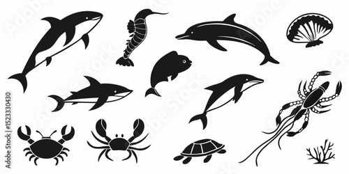 Ocean Life: A striking collection of marine life, rendered in bold black silhouettes, reveals the captivating diversity of the underwater world. Showcasing the unique forms of sea creatures.