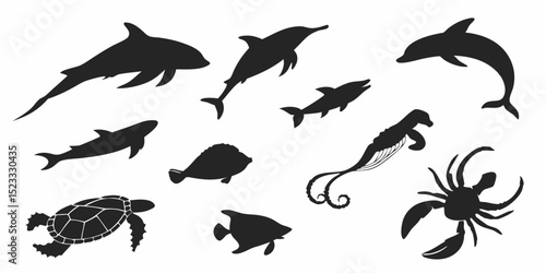Underwater Silhouette: A captivating monochromatic artwork presents an array of marine life silhouettes, inviting viewers to explore the ocean's wonders.