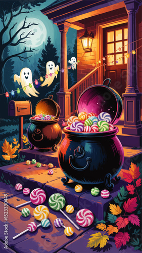 Festive Halloween Night Porch with Colorful Candy Cauldrons, Happy Ghosts, and Autumn Leaves Under Full Moon Illustration