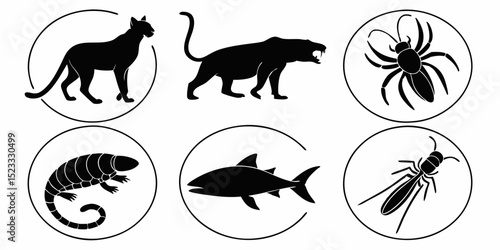 Animal Silhouette Set: A collection of meticulously designed animal silhouettes, each framed in a circular emblem, showcasing the elegant forms of wildlife. 