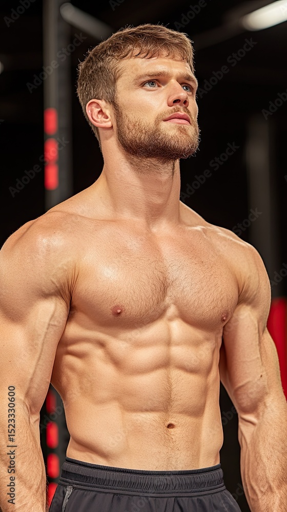 Muscular man with defined abs and beard in a gym environment looking up confidently Muscular man with defined abs and beard in a gym environment looking up confidently