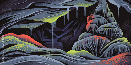 Abstract Colorful Cave Interior Illustration with Stalactites and Stalagmites, Surreal Underground Landscape Art for Backgrounds