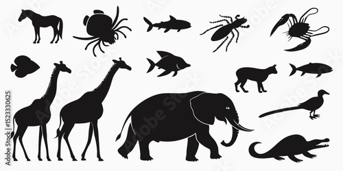 Animal Kingdom Silhouettes: An array of diverse animal silhouettes, showcasing the beauty and variety of life forms from land and sea, a stark contrast, and captivating shapes 