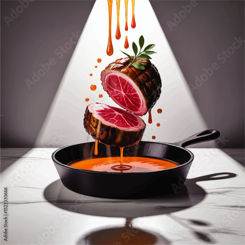 Gourmet Raw Steak Slices with Dripping Sauce Floating Above Black Cast Iron Skillet under Dramatic Spotlight, Modern Food Art
