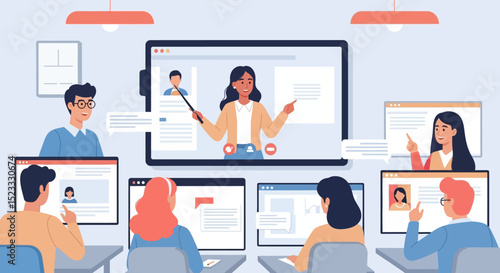 Online Education and Virtual Classroom Illustration – E-Learning and Remote Teaching Concept Vector