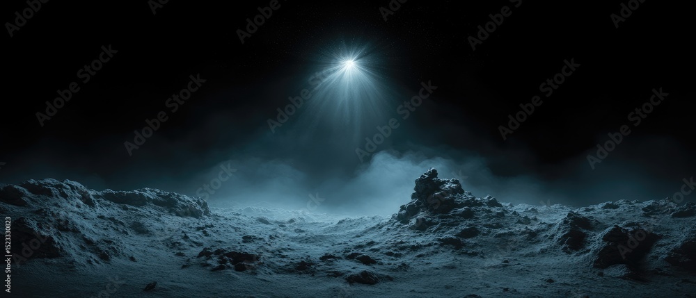 Naklejka premium Barren lunar surface view, lit by a single, bright light source in the dark, smoky atmosphere