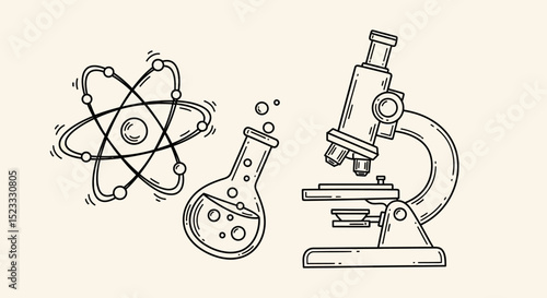 Scientific Research Tools: Doodle Style Atom, Microscope, and Flask