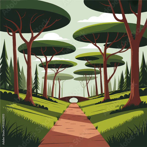 Enchanted Cartoon Forest Pathway with Bridge, Tall Trees, Greenery and Pine Woods – Nature Landscape Illustration for Posters, Wall Art, and Backgrounds
