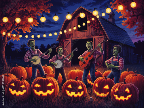 Festive Halloween Night Barn Party With Zombie Bluegrass Band, Glowing Jack-o’-Lanterns, String Lights and Autumn Leaves