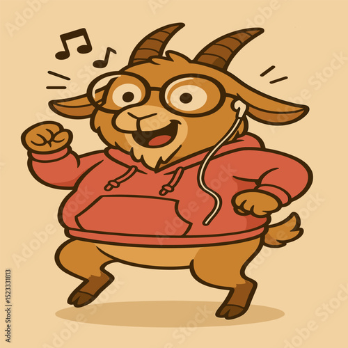A chubby cartoon goat wearing oversized glasses and a pink hoodie, joyfully dancing to music with one earphone in. The style is cheerful and humorous with a plain background.