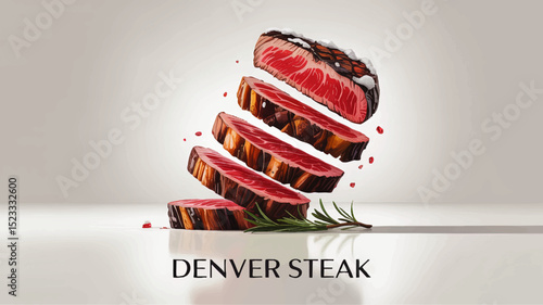 Juicy Sliced Denver Steak Illustration on White Background with Herb Garnish – Gourmet Food Art for Restaurant Menus & Culinary Design