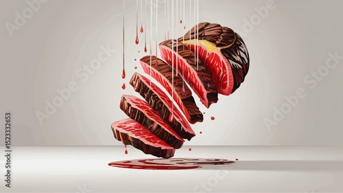 Sliced Raw Beef Steak with Dripping Juice, Isolated on White Background – Realistic Vector Illustration for Culinary and Food Concept Design