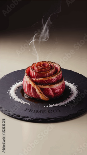 Gourmet Wagyu Beef Rose Steak with Steam on Slate Plate, Fine Dining Food Art, Luxury Restaurant Presentation