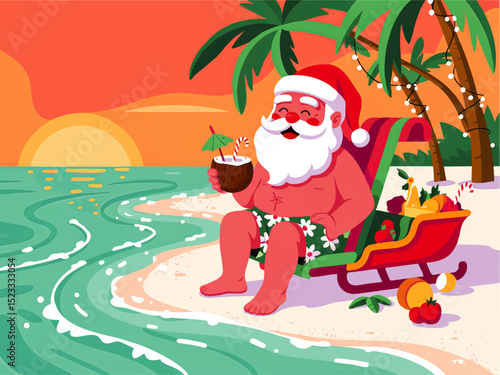 Santa Claus Relaxing on Tropical Beach at Sunset, Drinking Coconut Cocktail, Christmas Vacation, Festive Holiday Illustration