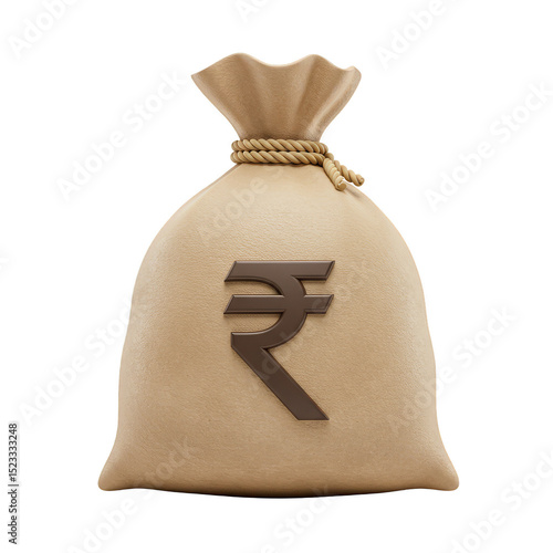 3d Render Indian Rupee Sign on Burlap Money Bag on Transparent Background