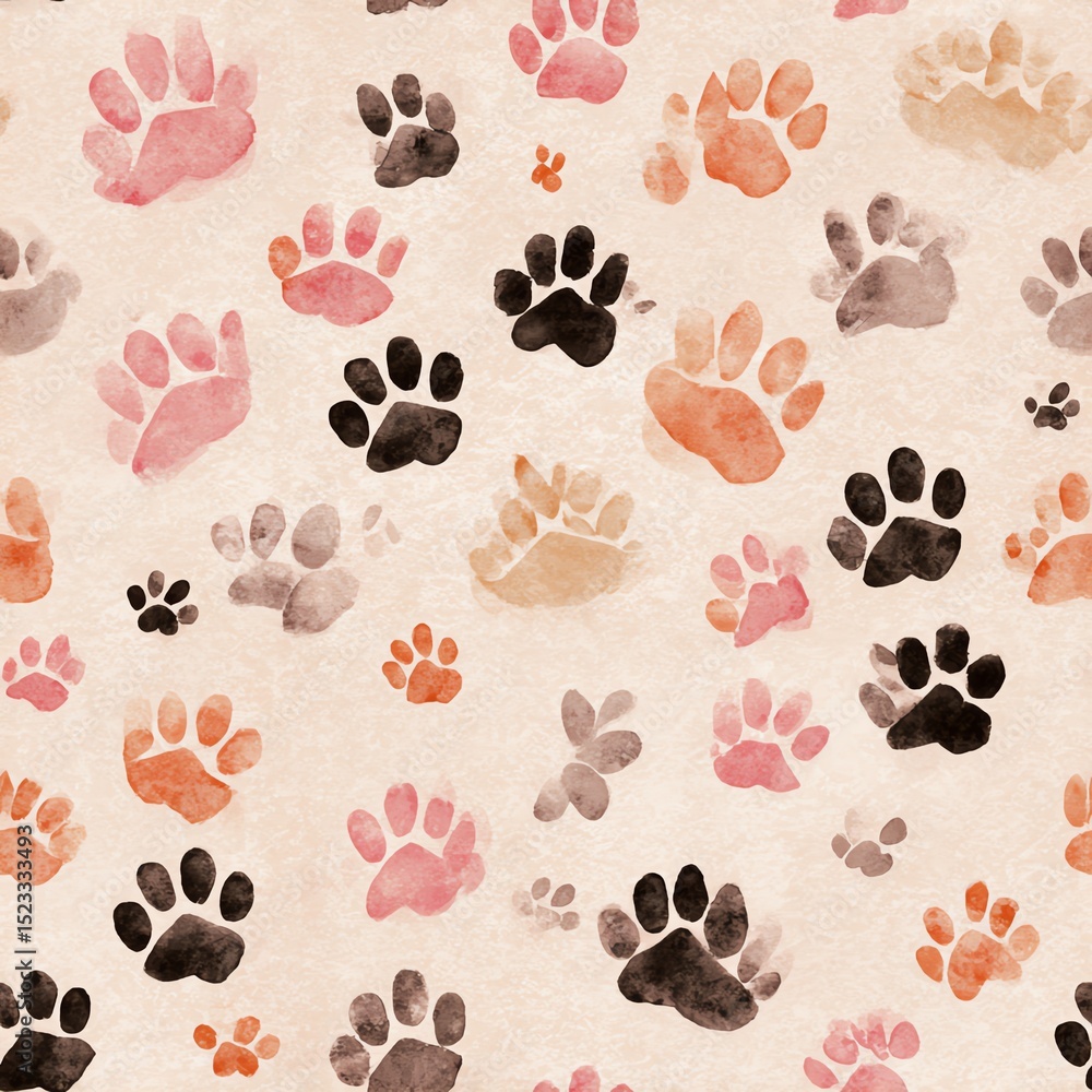 Fototapeta premium seamless watercolor pattern of cats and paw prints, soft pink and beige tones