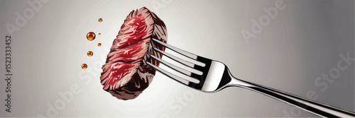 Juicy Rare Steak on Fork with Dripping Sauce, Realistic Vector Illustration, Gourmet Food Concept on Gradient Background