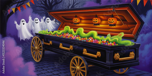Halloween Coffin Full of Candy with Ghosts and Jack-O’-Lanterns in Spooky Forest, Festive Night Party Scene, Colorful Illustration