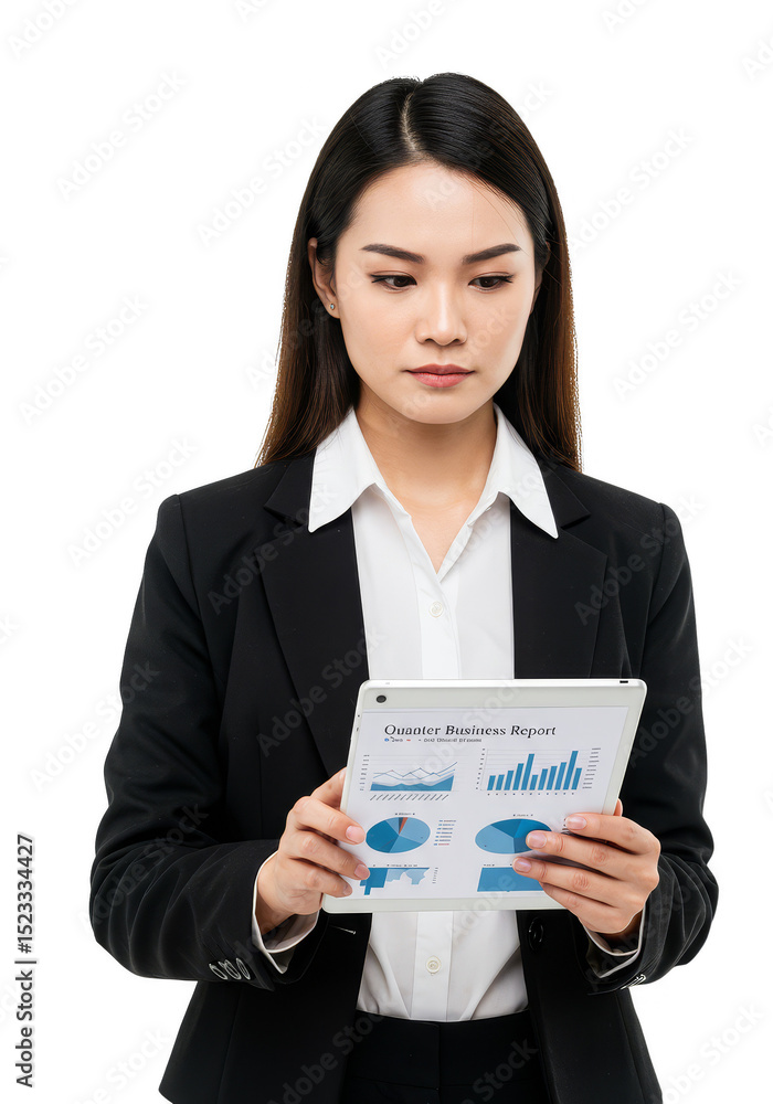 Beautiful Young Businesswoman in Dark Suit Analyzing Charts on Tablet Beautiful Young Businesswoman in Dark Suit Analyzing Charts on Tablet