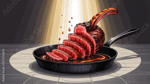 Juicy Sliced Tomahawk Steak in Cast Iron Skillet with Dramatic Spotlight, Cartoon Vector Food Illustration for Restaurant Menus