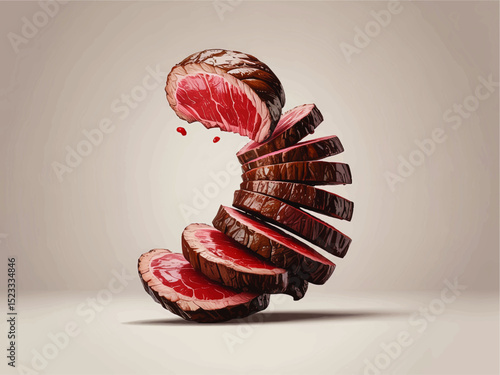 Sliced Raw Beef Steak Floating in Mid-Air with Juicy Texture, Realistic 3D Rendering on Minimalist Background for Culinary Concepts