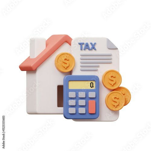 3d Render Illustration of Tax Form with House and Gold Coins Isolated