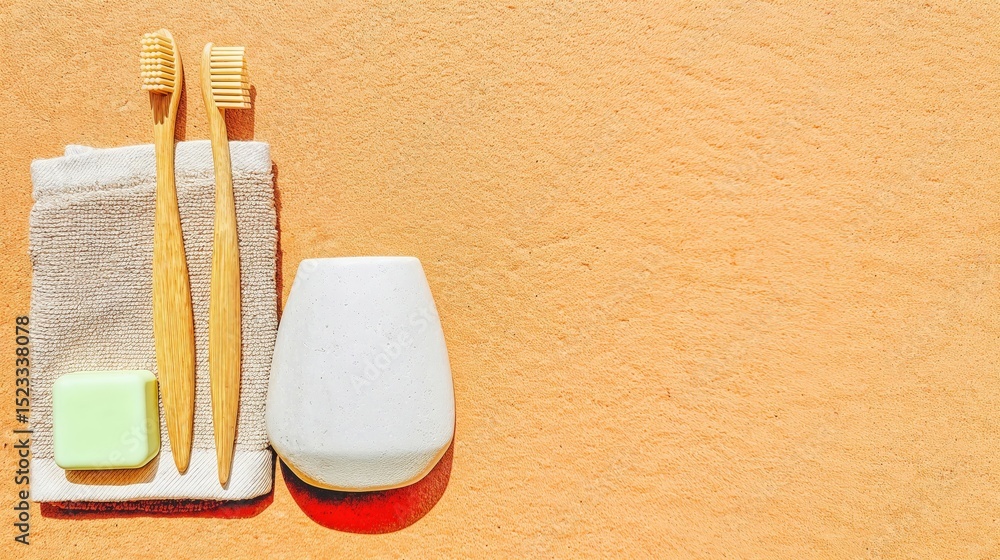 Naklejka premium Generative AI, Minimal toothbrush set with aqua soap and towel