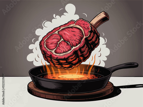 Juicy Ribeye Steak Cartoon Illustration Sizzling in Cast Iron Pan with Flames and Smoke – Vintage Retro Cooking Art
