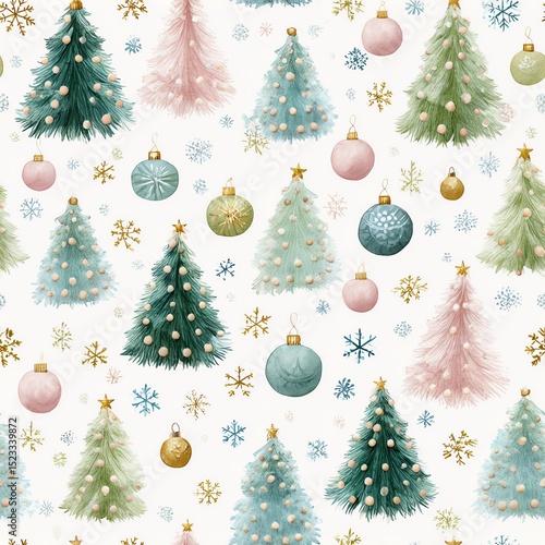 seamless watercolor pattern of pastel Christmas trees, vintage baubles, and snowflakes, elegant festive style on white background