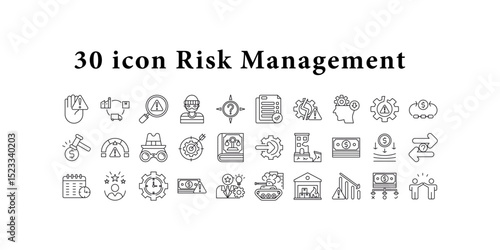 Risk management visualization in 30 line icons, perfect for presentations, infographics, web graphics, and educational materials on risk management.