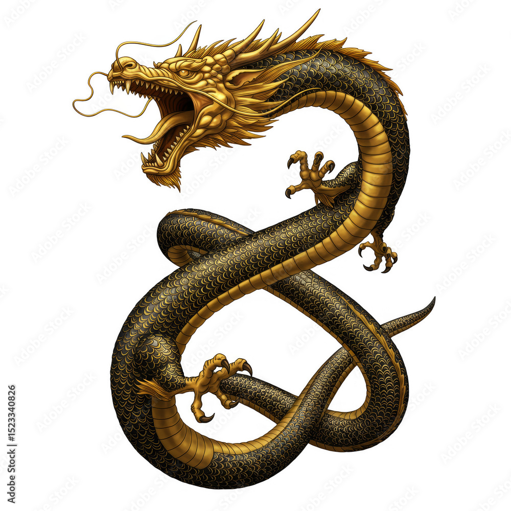 Fototapeta premium Golden and Black Asian Dragon Illustration a Traditional Mythical Creature