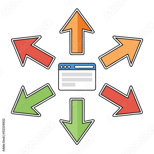 Website navigation and information flow representation with colorful arrows pointing outwards