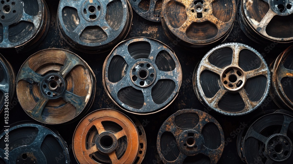 Obraz premium A captivating top-down view showcasing a collection of vintage film reels each carrying the aura of cinematic history their metallic bodies tinged with the hues of age and stories untold