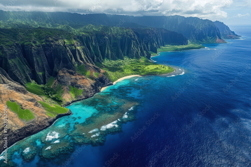 Obraz premium Aerial view of a coastal landscape with cliffs, crystal-clear ocean, and vibrant coral reefs showcasing natural beauty and tranquility