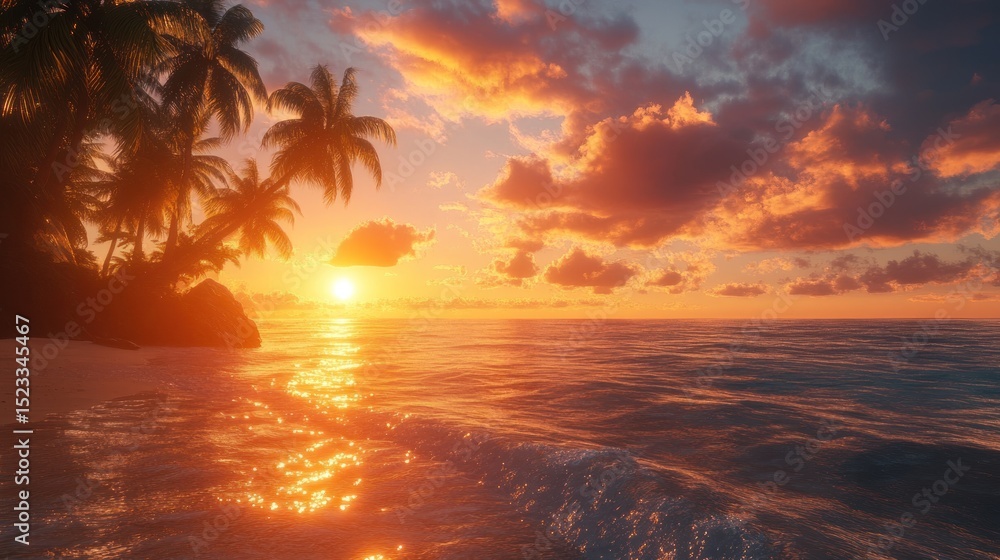 serene tropical island sunset featuring silhouettes of palm trees against a backdrop of vibrant orange and red clouds with the sun's reflection shimmering on the ocean's surface serene tropical island sunset featuring silhouettes of palm trees against a backdrop of vibrant orange and red clouds with the sun's reflection shimmering on the ocean's surface