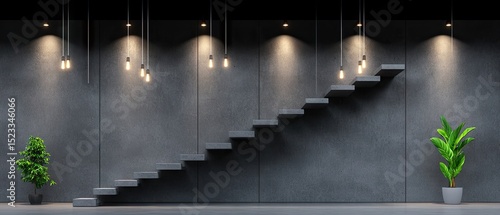 Gray wall with floating stairs, lights, and plants on each side