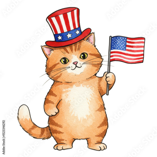 Illustration of Cute Ginger Cat Waving American Flag with Patriotic Hat