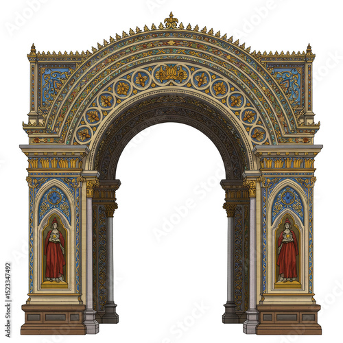 Illustration of Golden Ornate Stone Arch Portal with Transparent Background