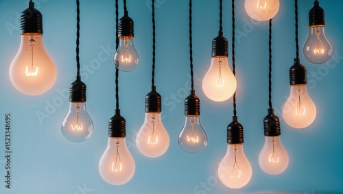 Hanging light bulbs on blue
