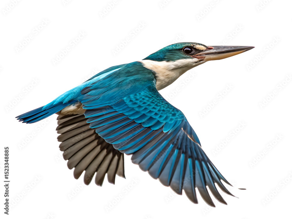 Fototapeta premium Azure kingfisher in flight isolated on white background png ai isolated on a white background