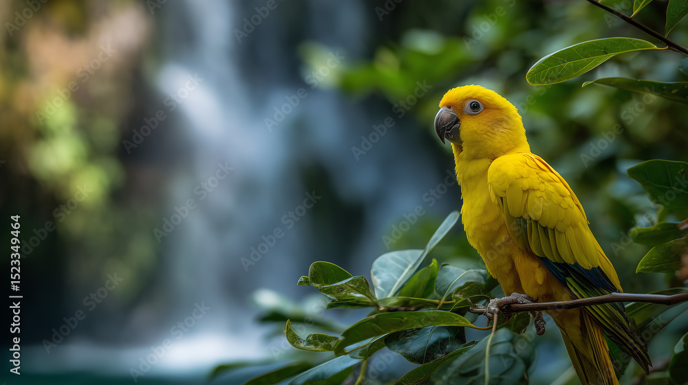 Naklejka premium Jungle bird, yellow feathers, tree branch, waterfall