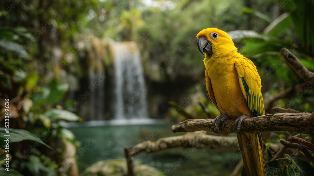 Obraz premium Parrot on branch, tropical leaves, forest waterfall