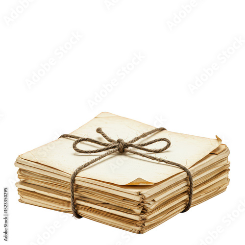 Illustration of Stacked Old Papers Tied with String on Transparent Background