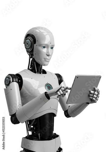 Illustration Of White Robot Using Digital Tablet With Transparent Background