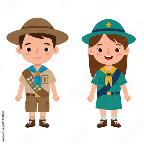 Illustration Cartoon Boy And Girl Scouts In Uniform With Transparent Background