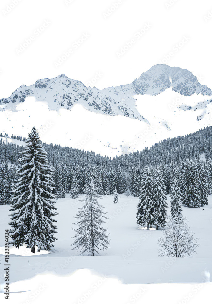 Obraz premium Isolated Background Snowy Mountain and Pine Trees Covered in Deep Winter