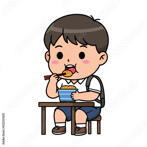 Illustration of Boy Eating School Lunch with Rice and Happy Character