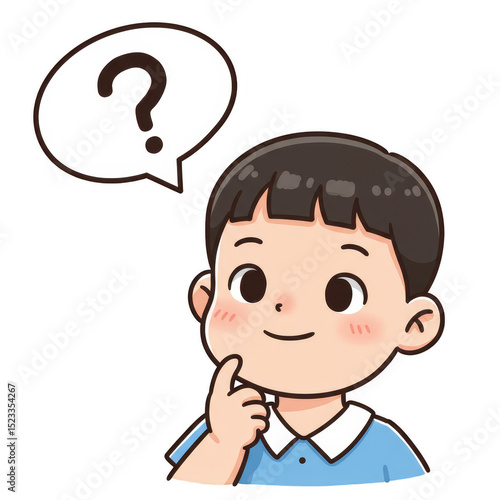 Illustration of Boy Thinking with Question Mark Speech Bubble Isolated
