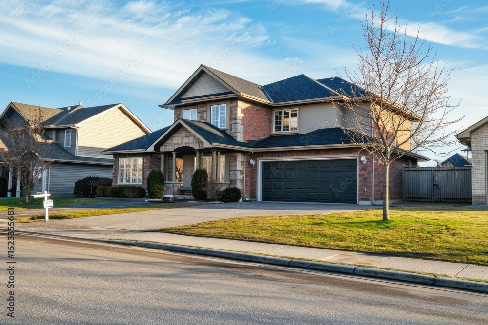 High Quality Visual of for Sale Sign in Front of a Suburban House High Quality Visual of for Sale Sign in Front of a Suburban House